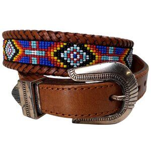 Vintage Brighton Beaded Western Brown Leather Belt Size 30 Womens Braided Aztec